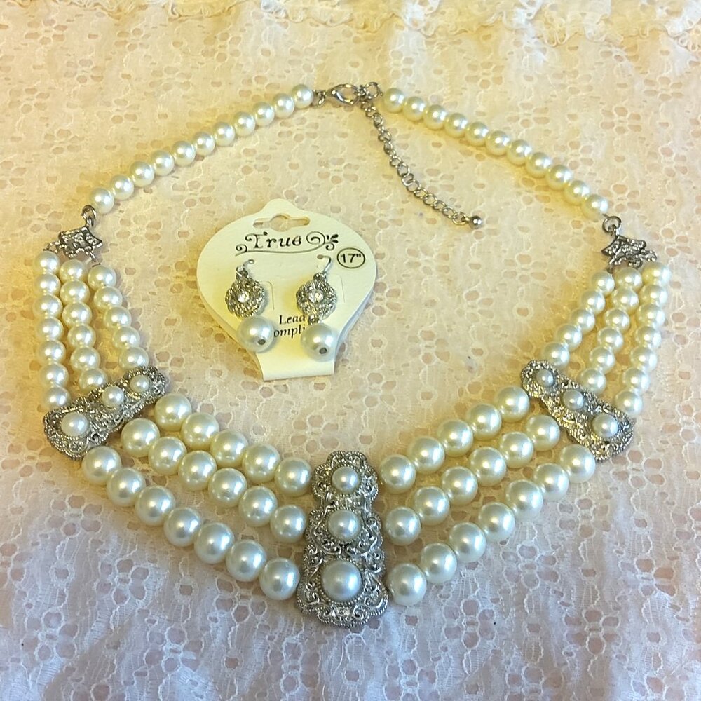 Vintage NEW True Pearl Silver Tone Floral Pendant Earrings VTG Pearl Necklace